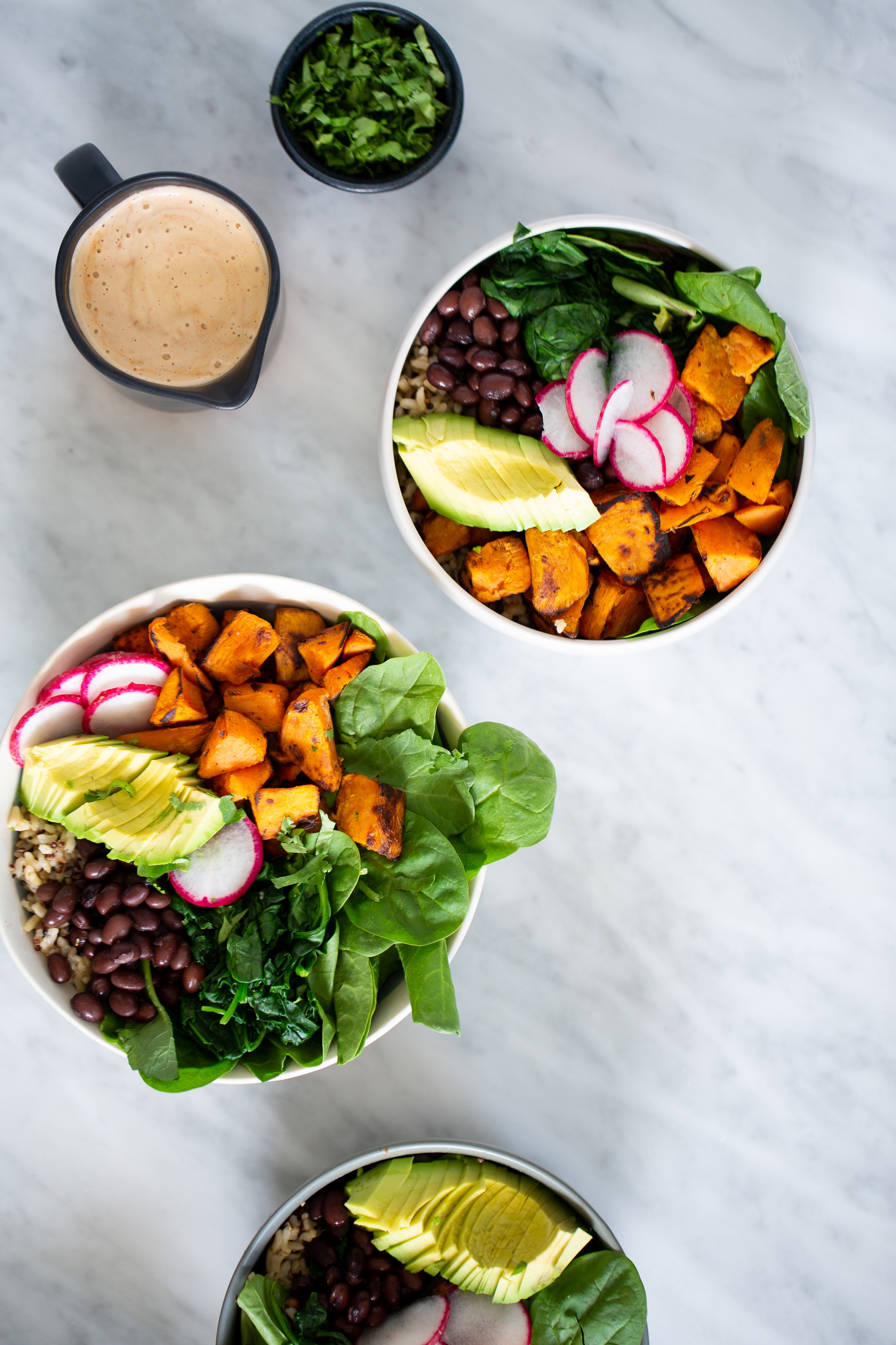 3 bowls of sweet potato Mexican buddha bowl