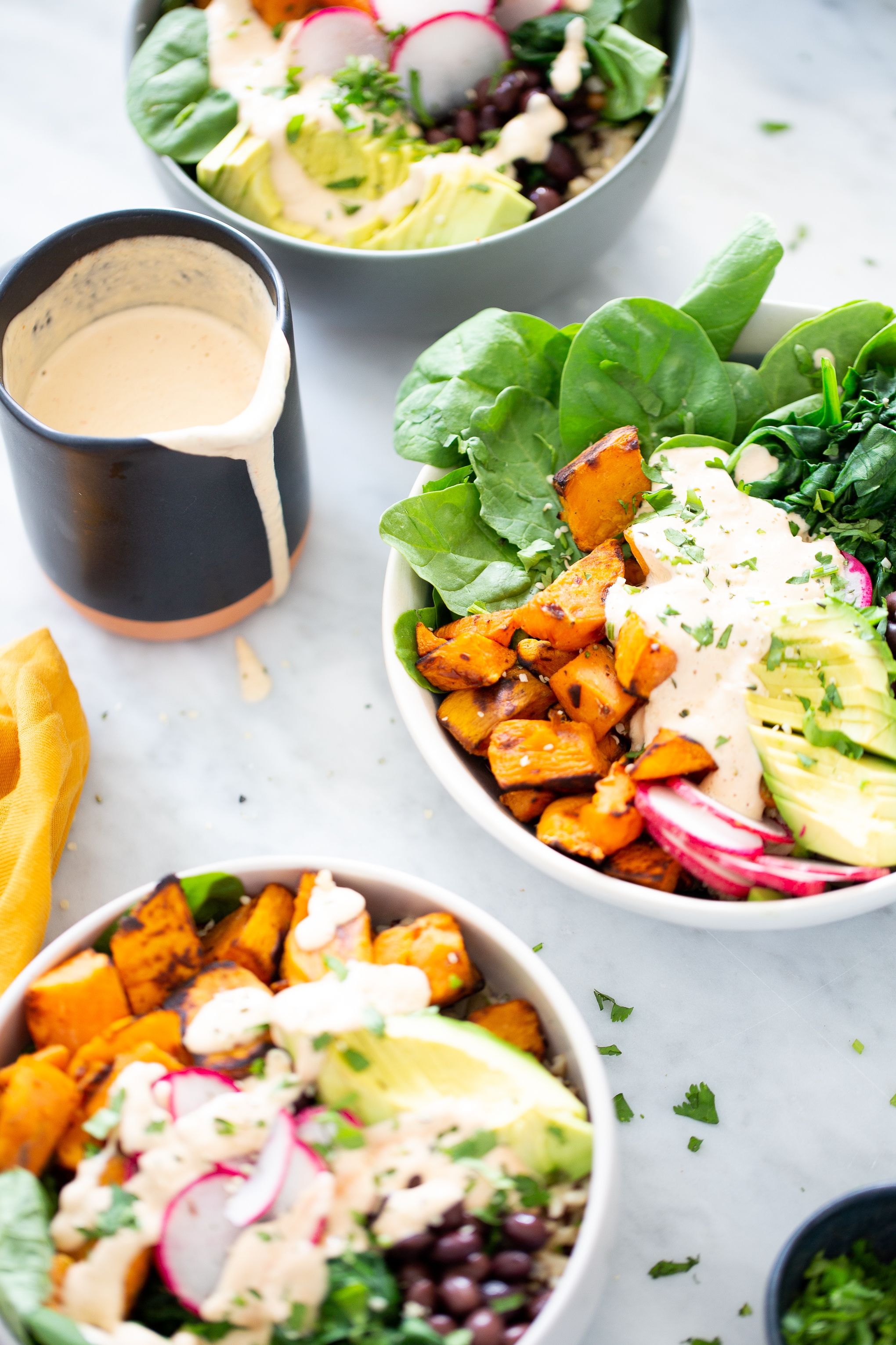 sweet potato Mexican buddha bowl with creamy vegan dressing