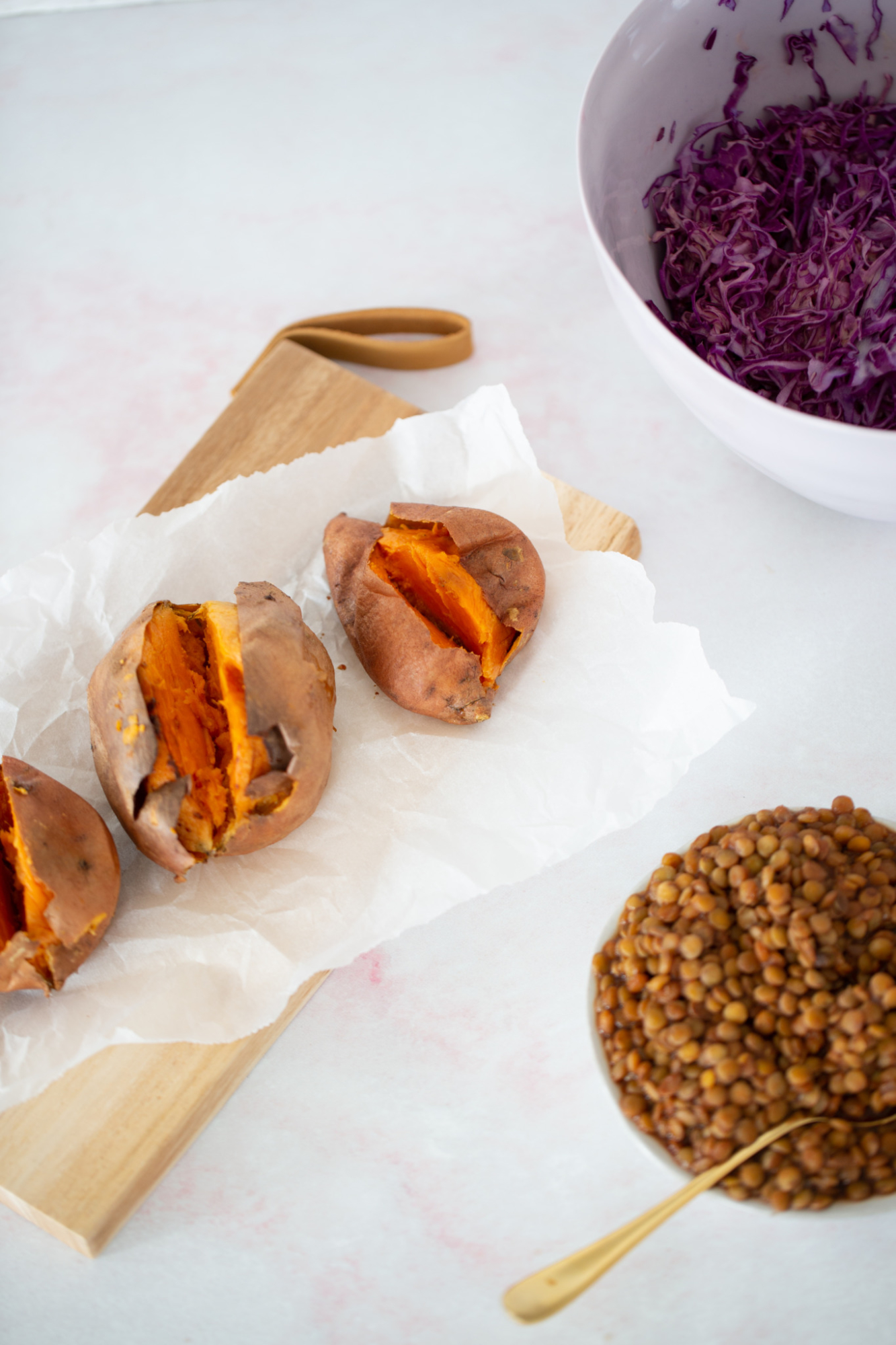 sweet potatoes and a bowl of lentils