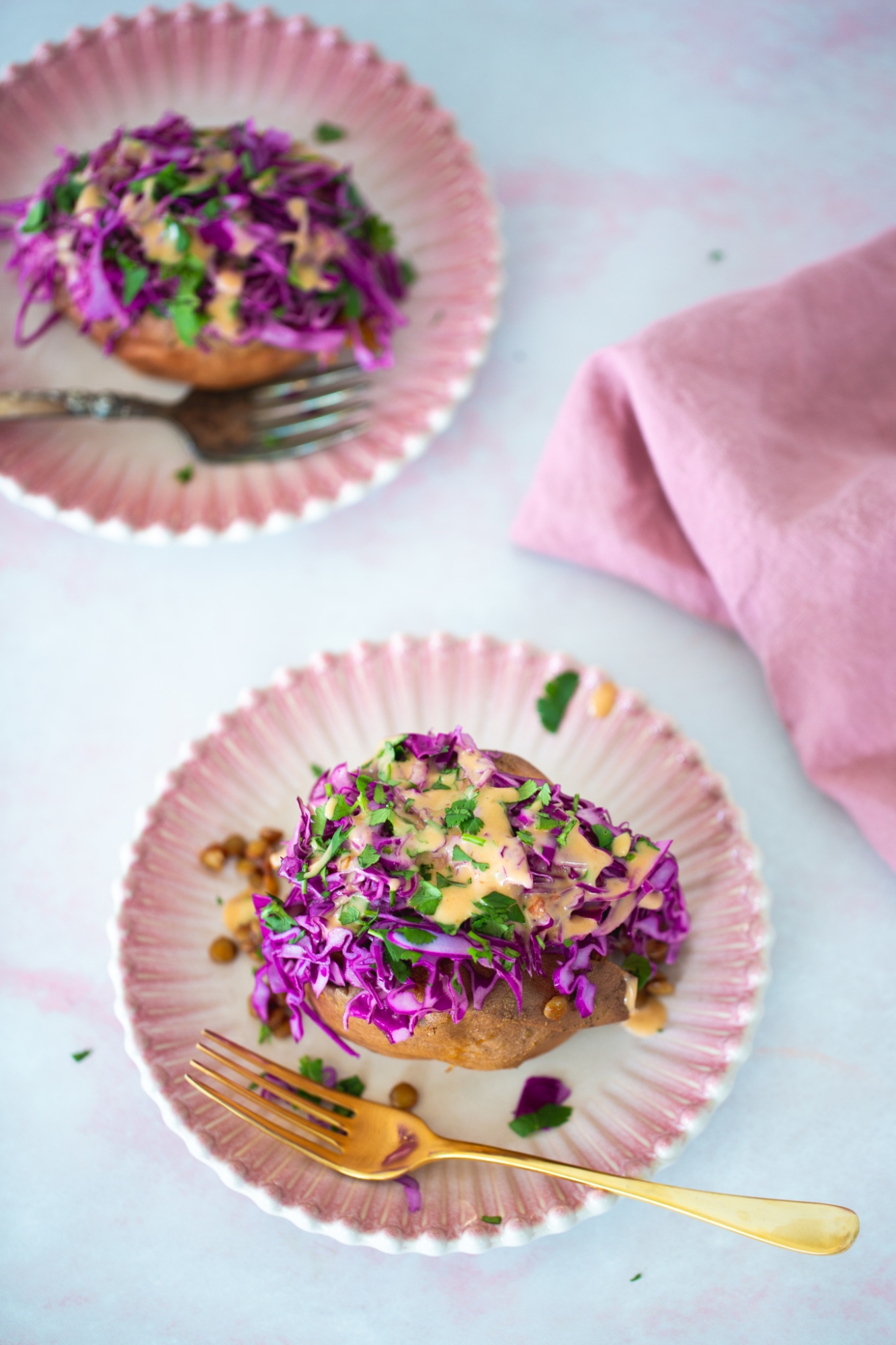 LOADED SWEET POTATOES WITH BBQ LENTILS AND SPICY SLAW