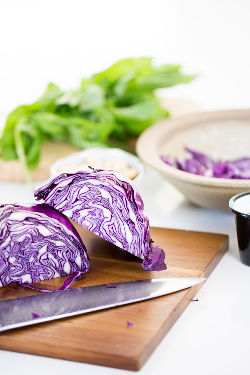 a red cabbage cut in fourths