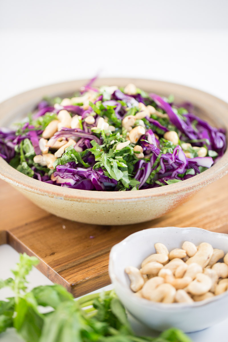 asian red cabbage slaw with basil and cashews