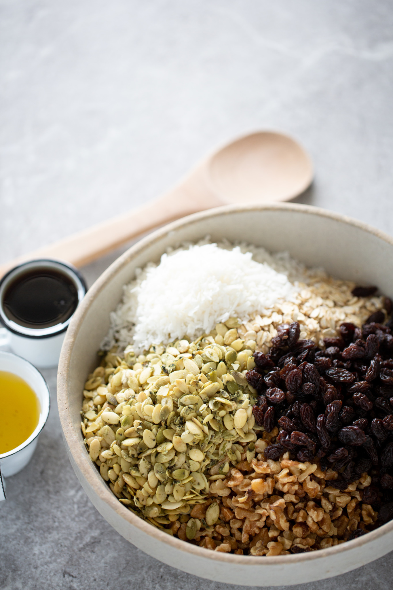 bowl with rainins, sunflower seeds, coconut and oats.