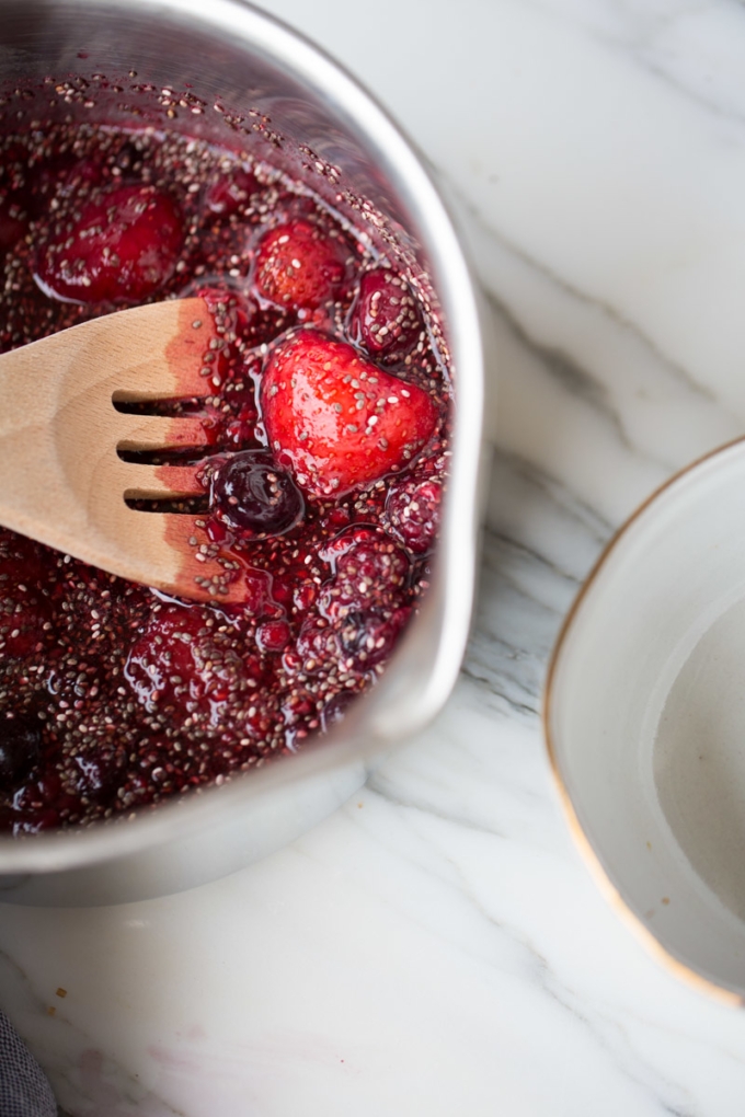 Mixing berries and chia seeds