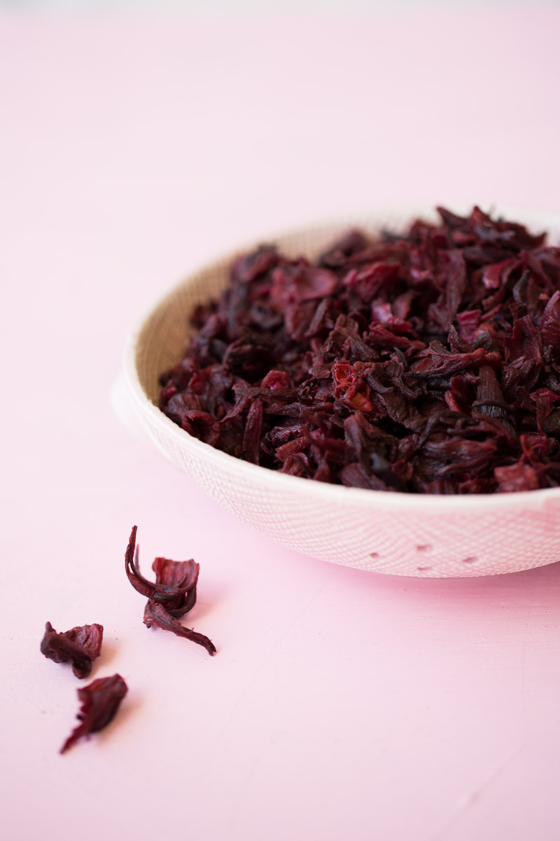 hydrated Jamaica flowers in a pink bowl