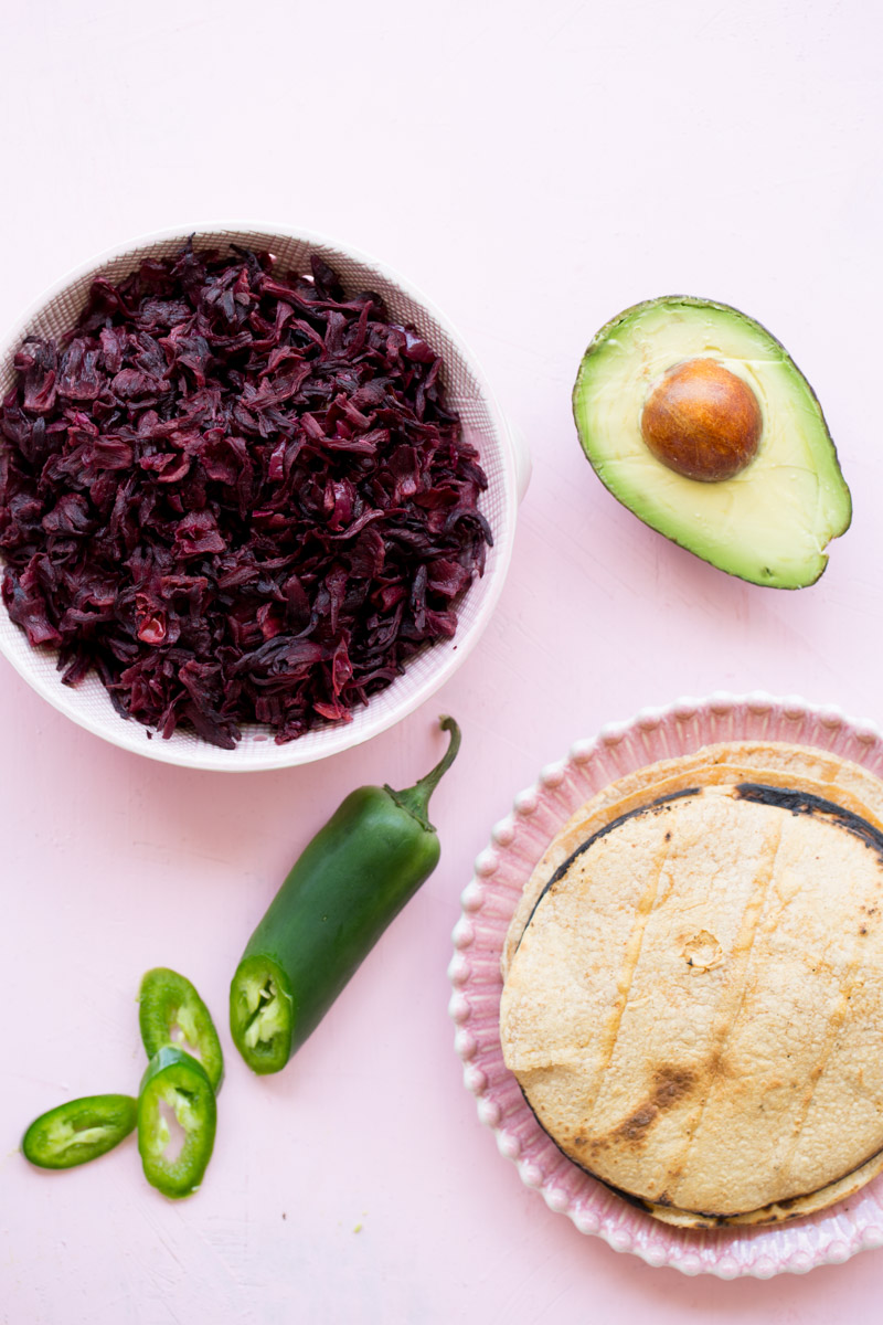 corn tortillas, jamaica flower and avocado