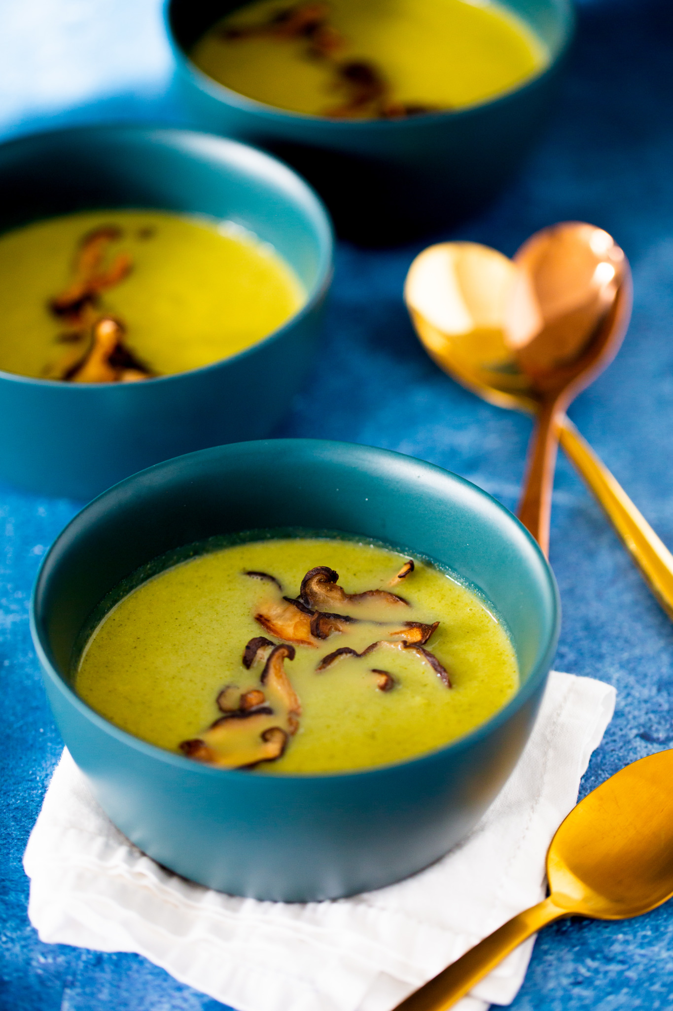 SHIITAKE MUSHROOM CRISPS over broccoli soup