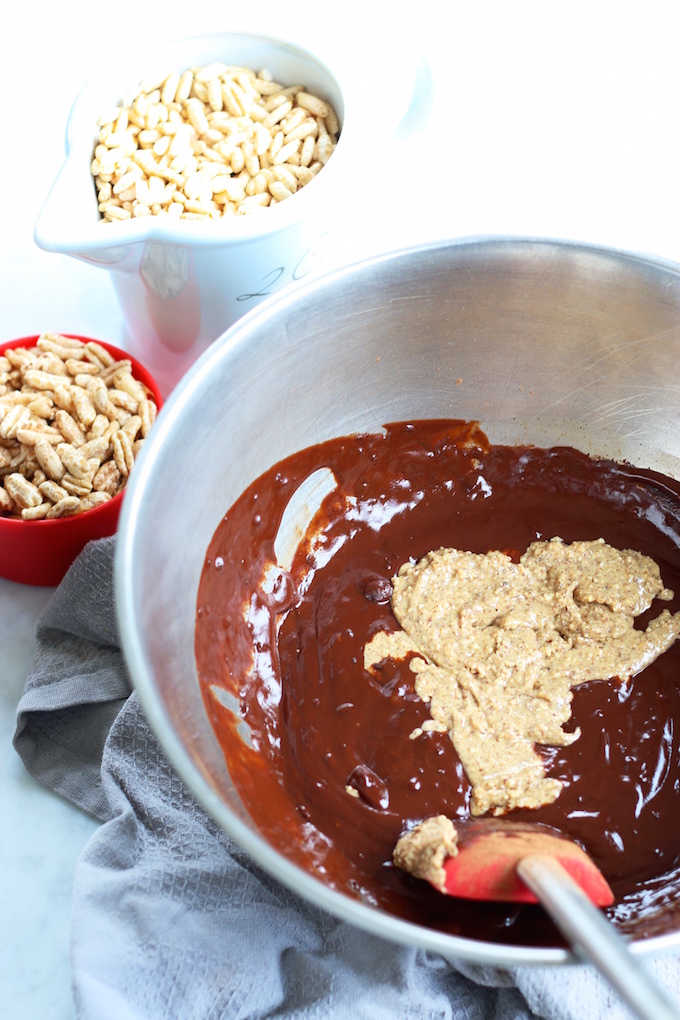 A mix of chocolate and almond butter in a bowl