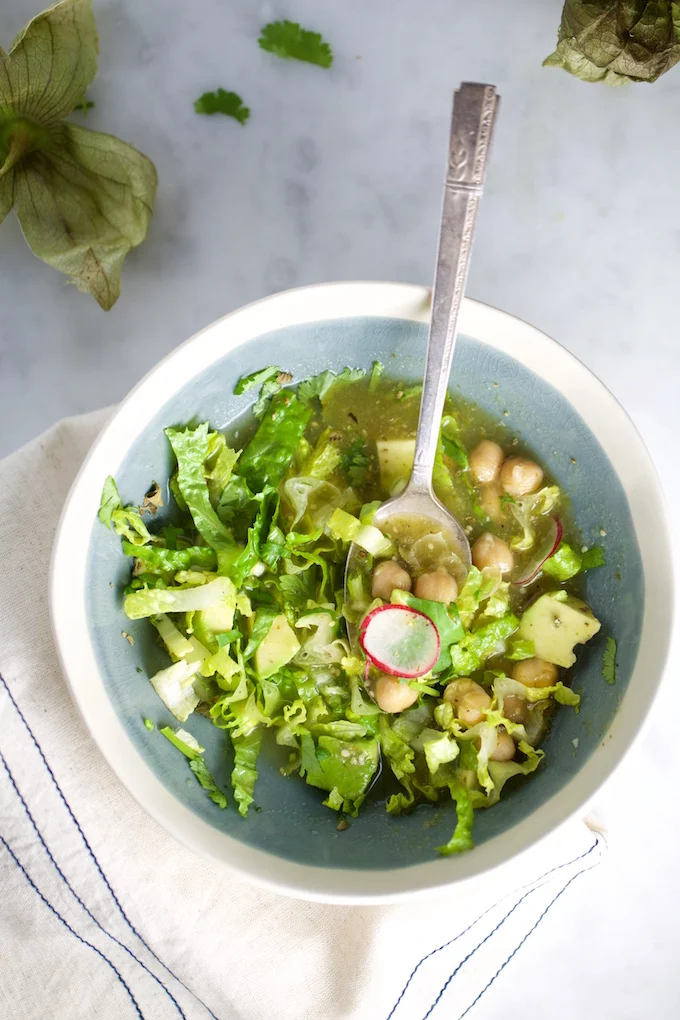Green Mexican Soup with chickpeas, vegan, deliciuos and healthy