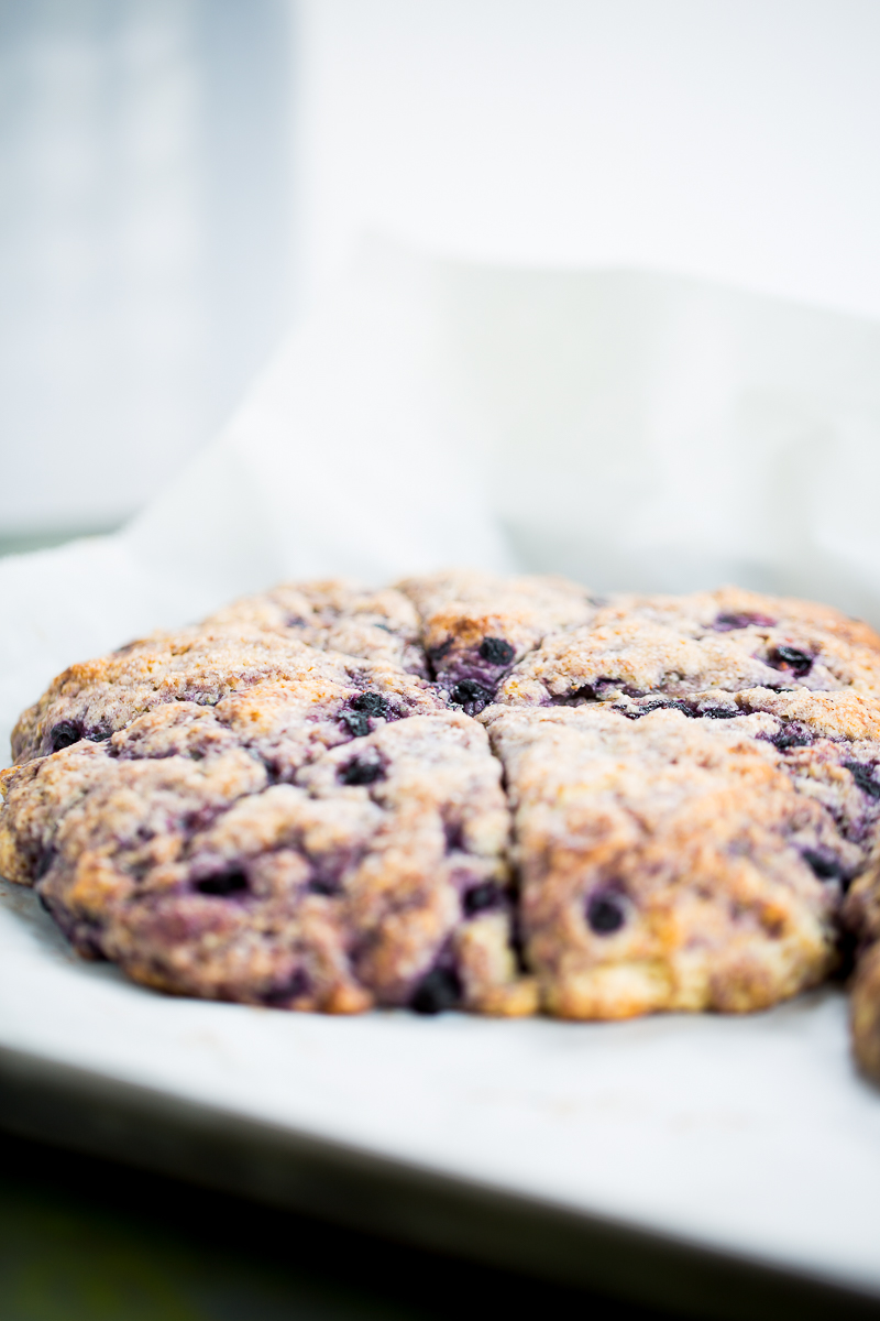 Vegan blueberry scones on a baking sheet with parchement paper