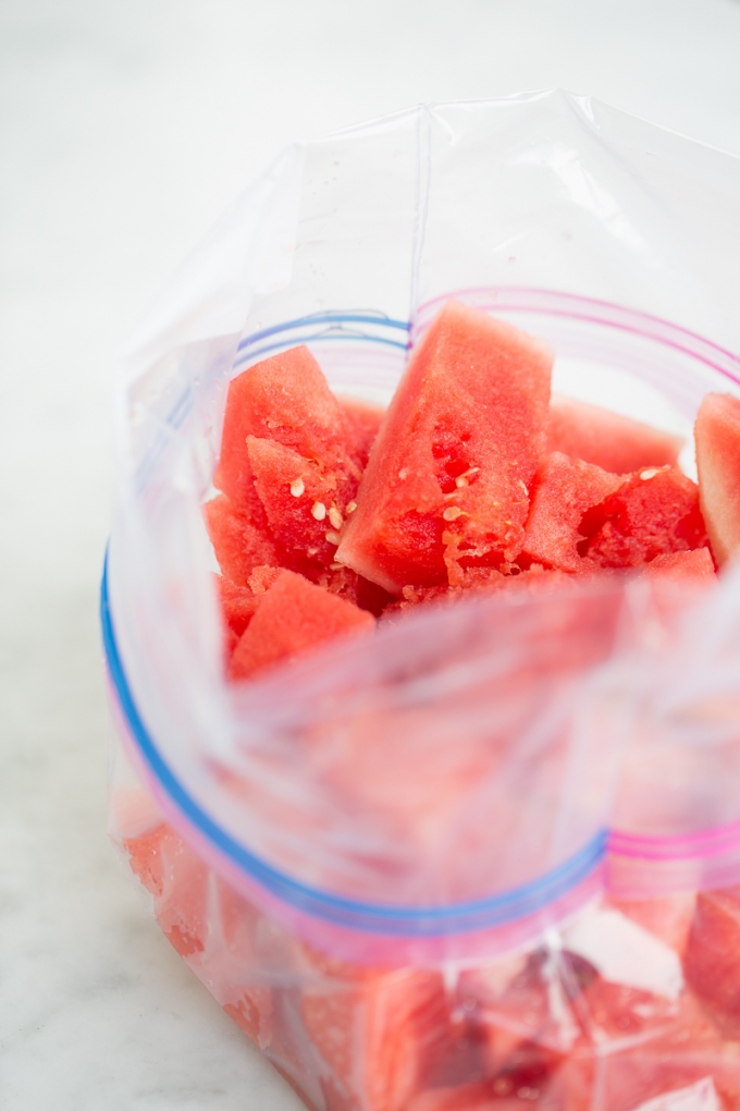 zip lock bag with frozen watermelon chunks
