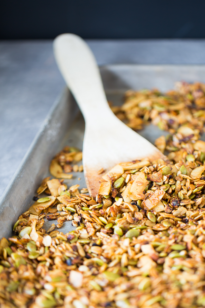 Savory and vegan granola on a baking sheet.