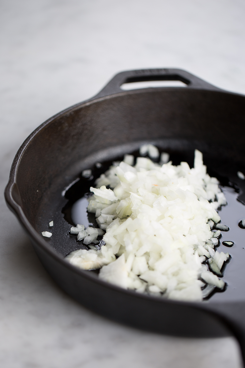 chopped onion on a skillet