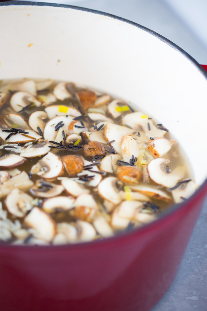 Mushroom leek rice soup in a bowl