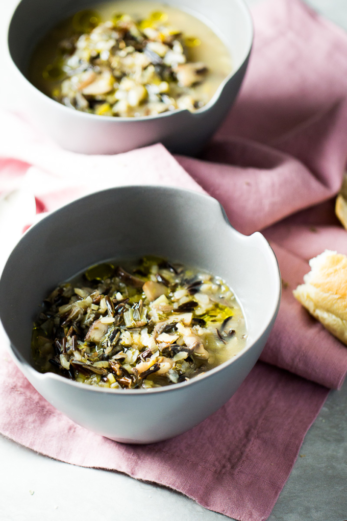 Leek mushroom soup in a grey soup bowl