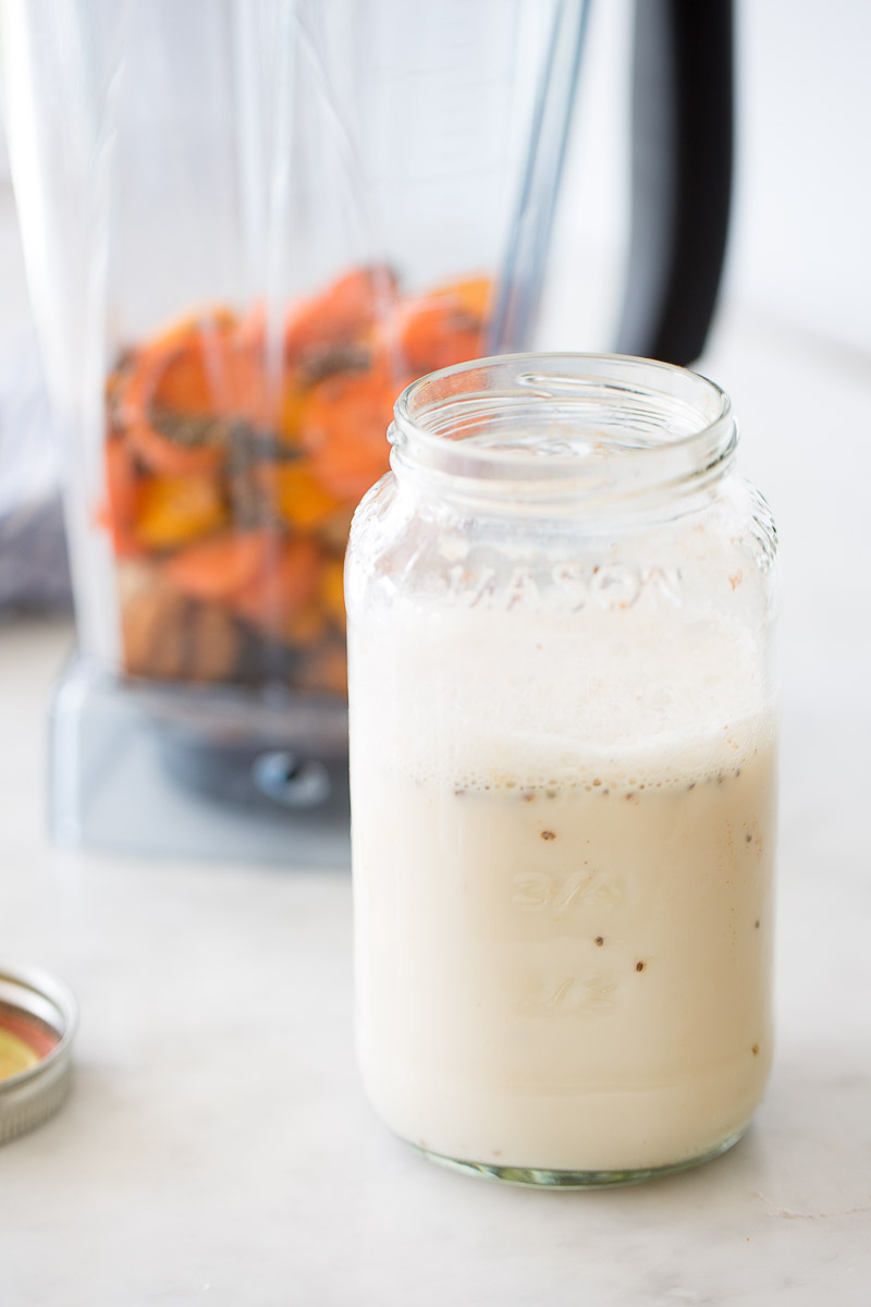 Homemade almond milk in a jar