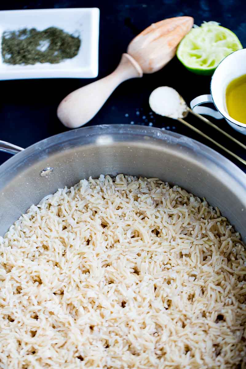 a pot of freshly cooked brown rice