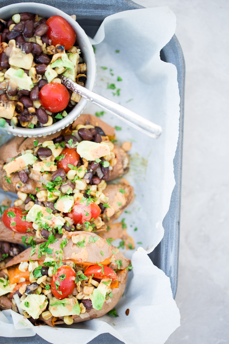 Avocado and black bean stuffed sweet potatoes