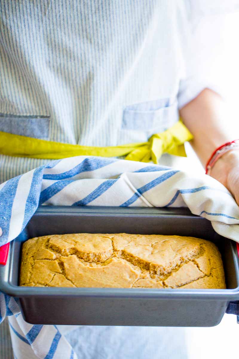 Lemon and olive oil loaf in a loaf pan