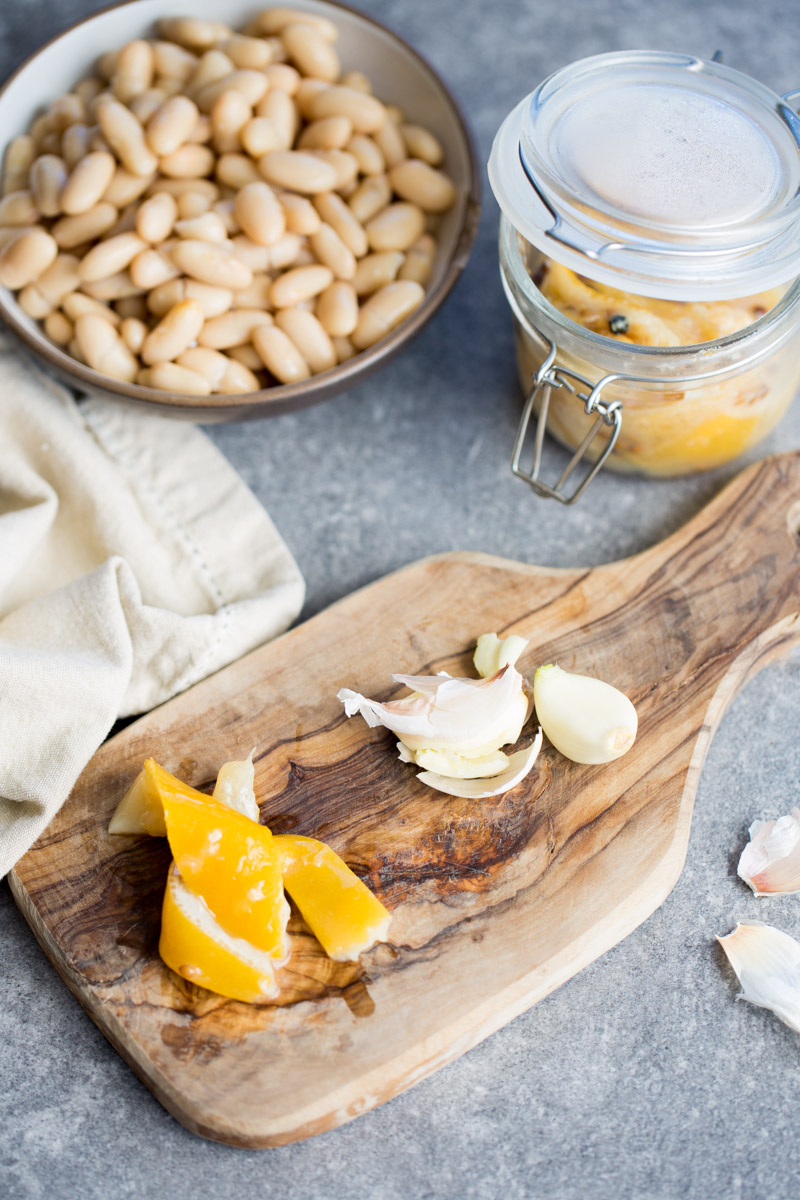 Ingredientes to make the preserved lemon vinaigrrette