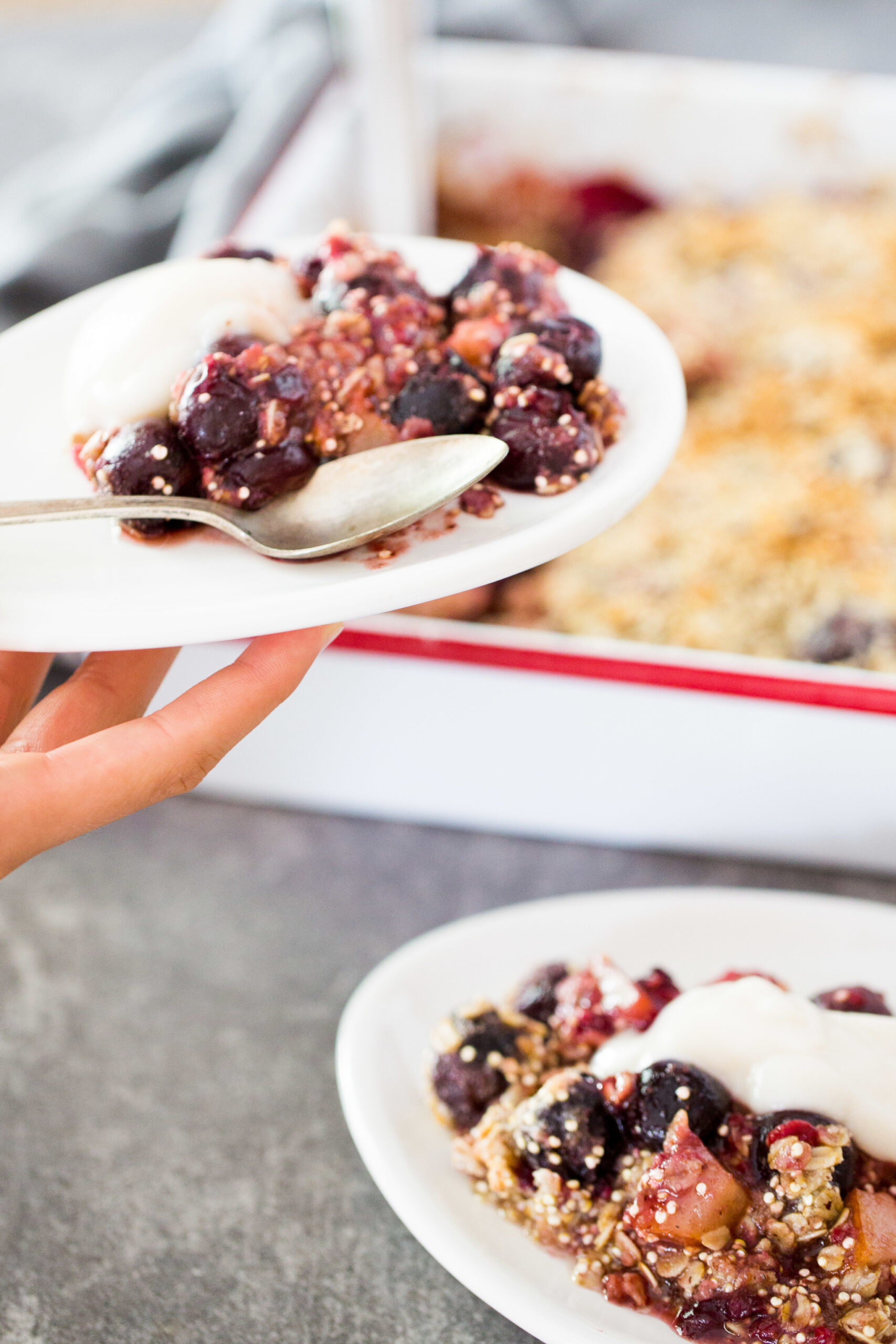 Cherry, raspberry and pear crumble recipe. Easy, vegan and full of flavor dessert.