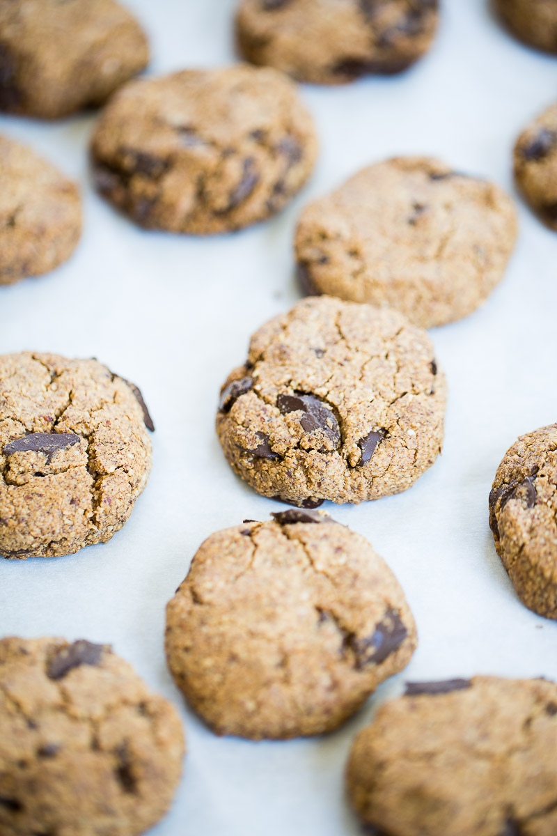 vegan keto chocolate chips cookies on a baking sheet