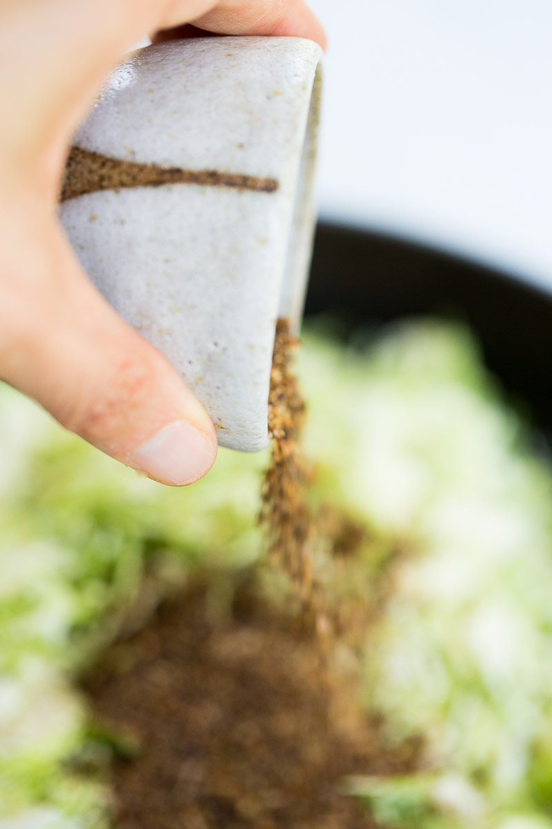 adding spices to a skillet