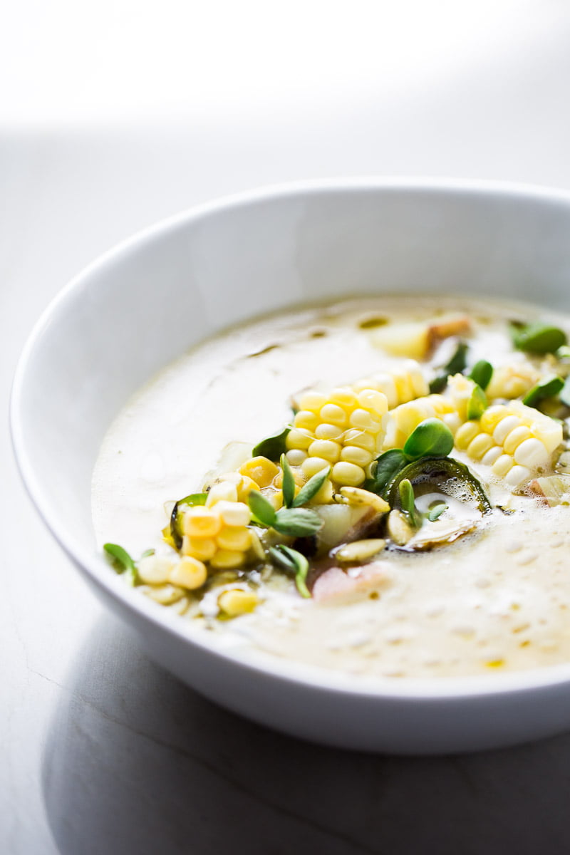 Healthy Recipe for Corn Soup with Poblano Pepper or Corn Chowder with Poblano.