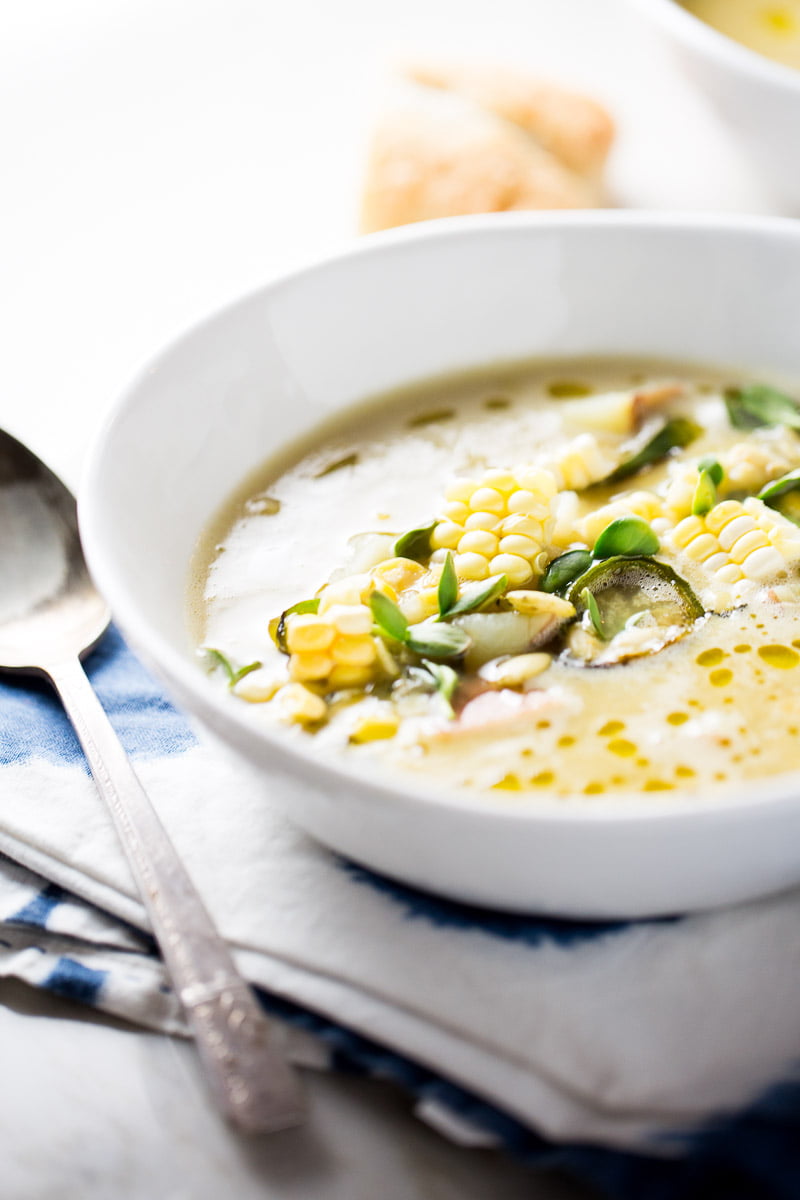 vegan poblano corn chowder in a white bowl
