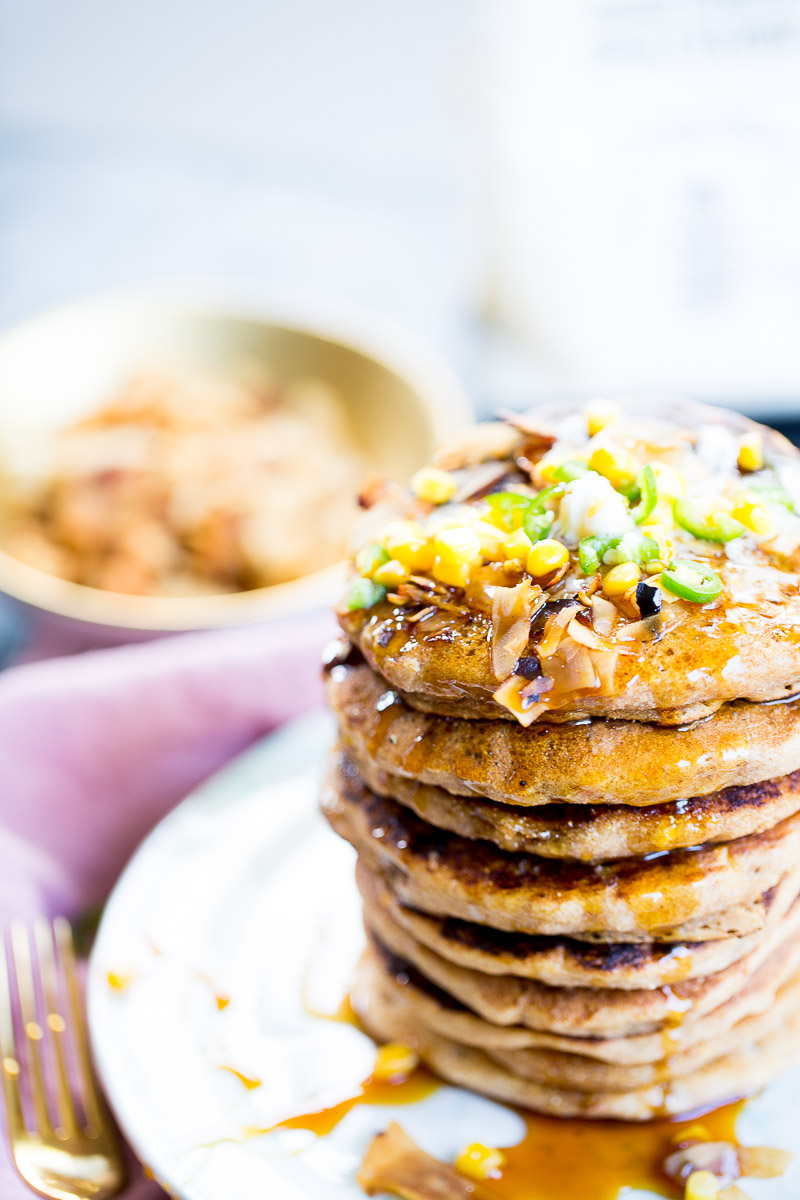 Vegan cornmeal pancakes with spicy coconut bacon