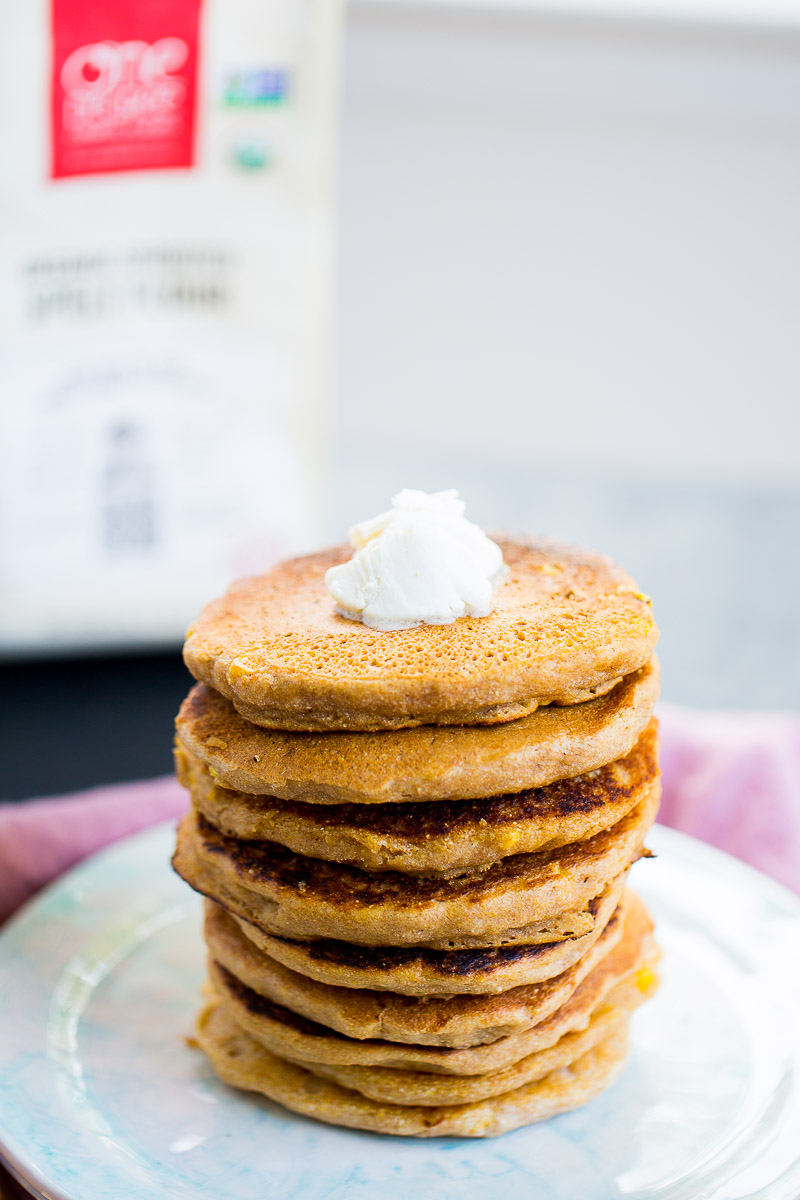 stack of pancakes with a dollop of vegan butter