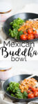 The Mexican Buddha bowl is a bowl with rice, sautéed green leaves, roasted vegetables and chickpeas in a creamy sauce of Oaxacan mole Coloradito.