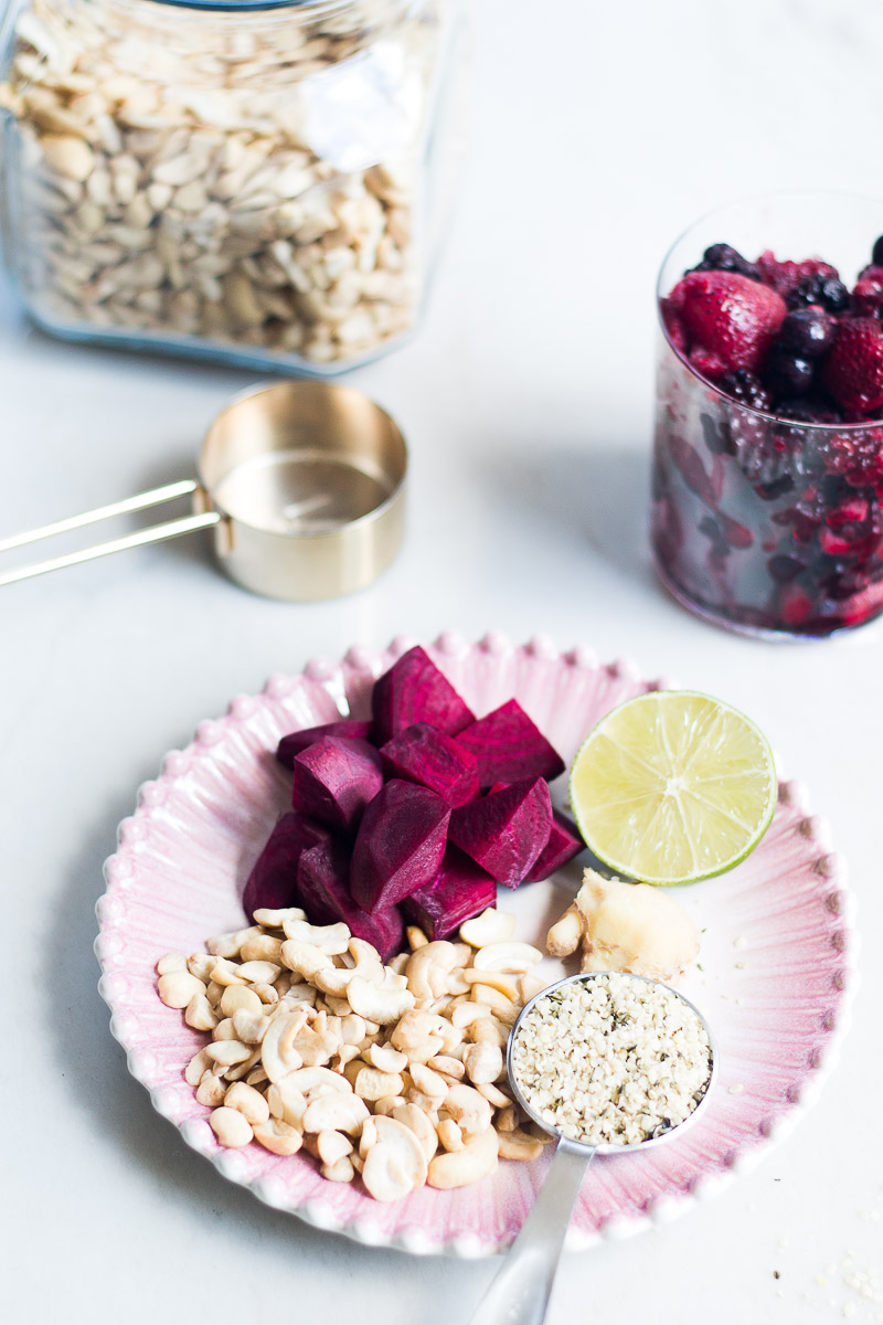 ingredients for a pink vegan beet smoothie