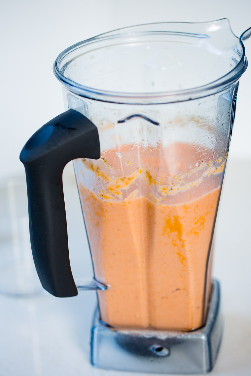 Freshly made watermelon gazpacho in blender container