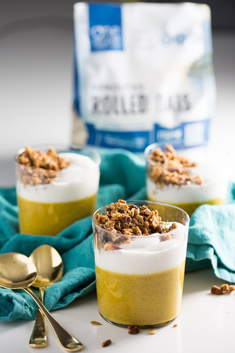 Delicious recipe for vegan pumpkin pie parfait with pecan granola clusters. You can decide if you'll eat it for breakfast or dessert.