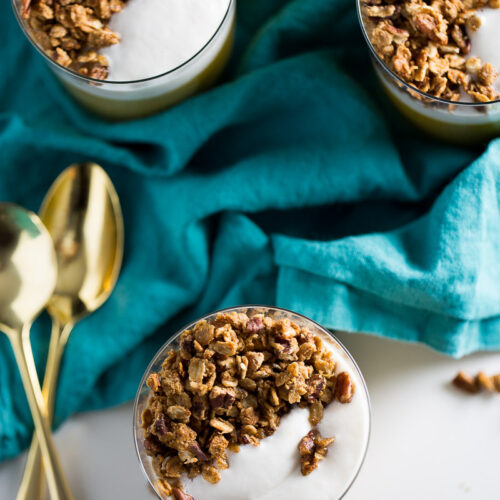 Delicious recipe for vegan pumpkin pie parfait with pecan granola clusters. You can decide if you'll eat it for breakfast or dessert.