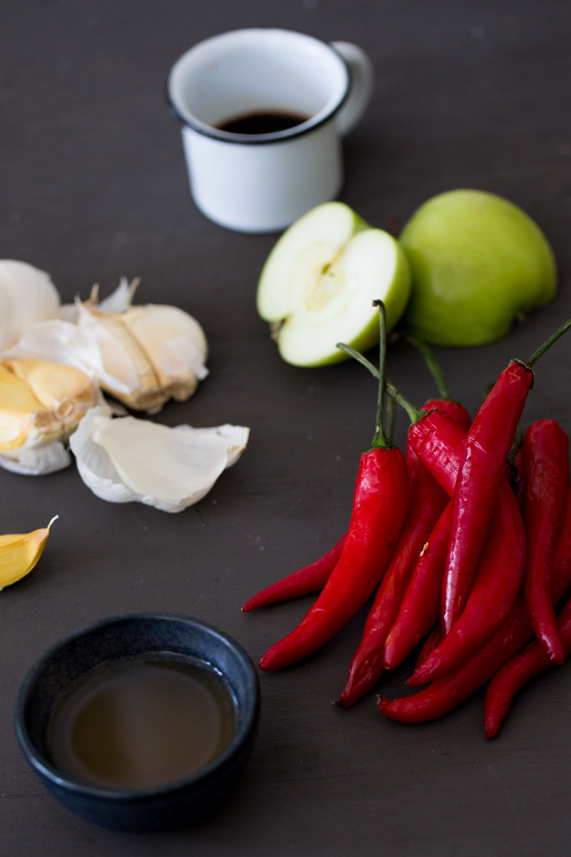 green apple, fresno chiles, garlic, soy sauce and