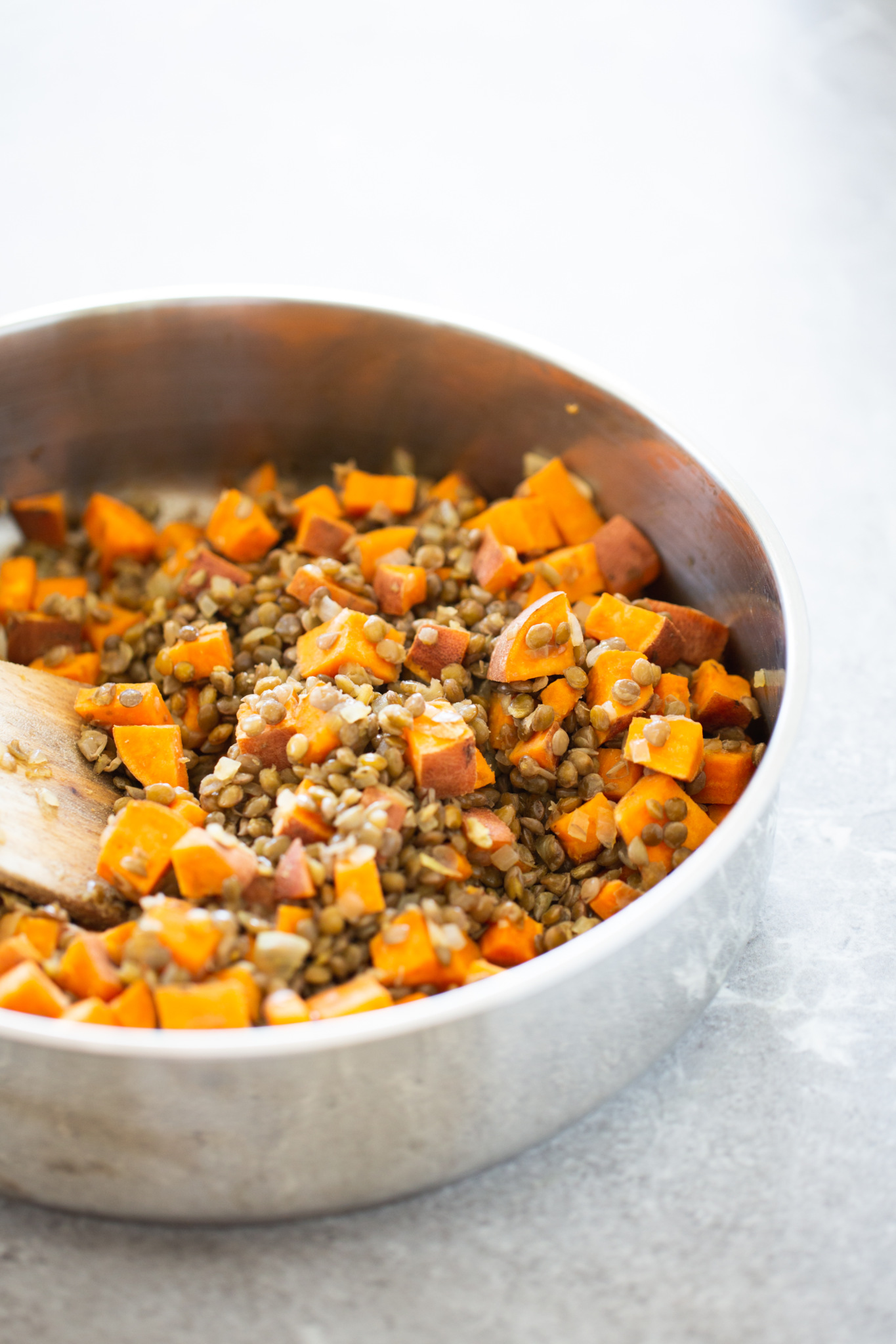 filling for vegan enchiladas with lentils and sweet potatoes