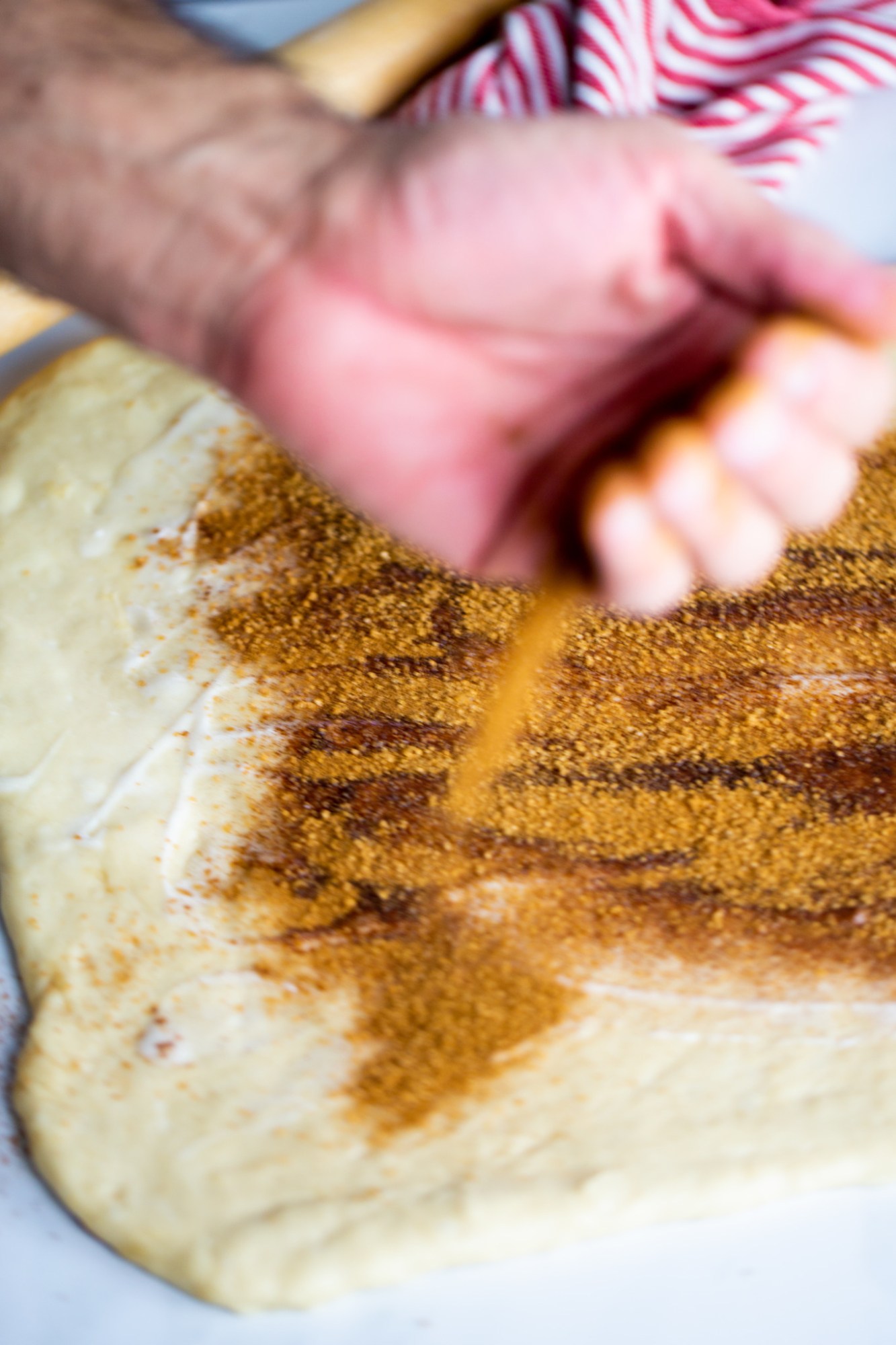 Sprinkling cinnamon and sugar to a rolled dough for vegan cinnamon rolls