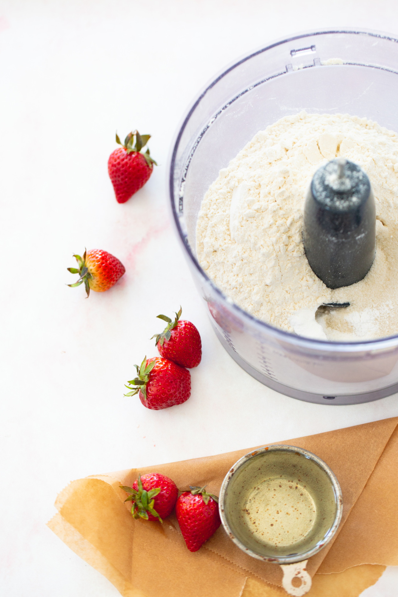 ingredients for vegan strawberry scones in the food processor