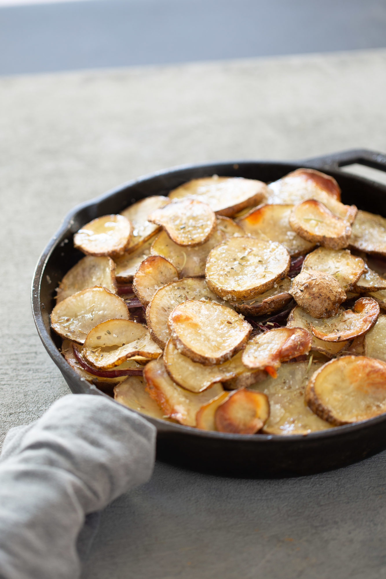 potato torte in a cast iron skillet