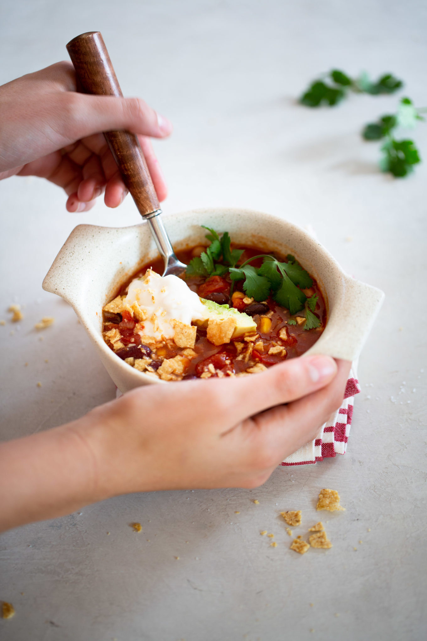 Hands holding a ceramic bowl of tomato soup garnished with fresh cilantro, crumbled crackers, and a dollop of sour cream evoke the comforting warmth of a three bean chili. A wooden-handled spoon rests inside the bowl on a red and white checkered cloth, with spilled crumbs and a cilantro sprig scattered whimsically.