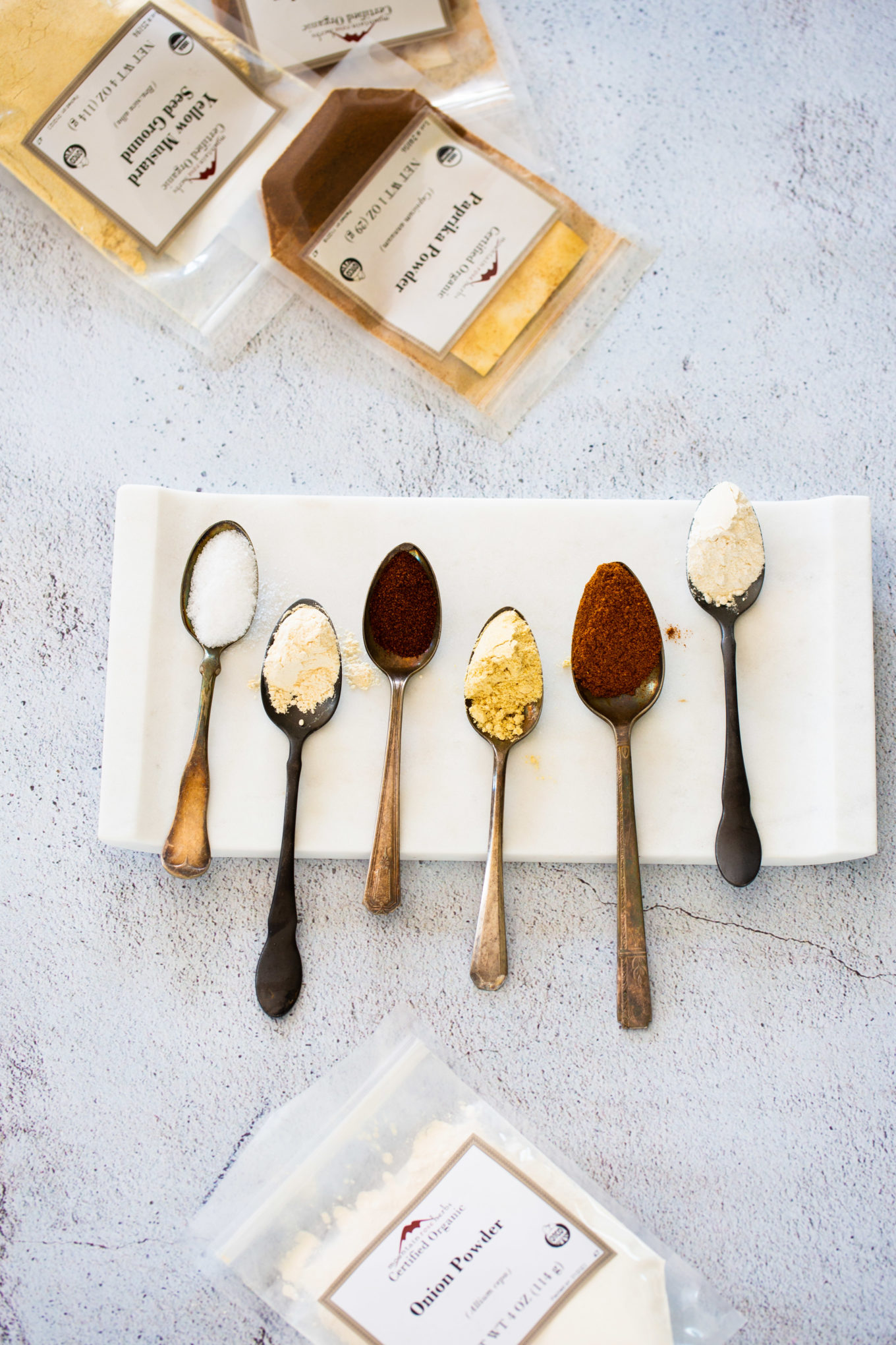 spoons with spices from Mountain Rose herbs
