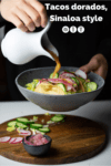 sauce being poured over taco dorado