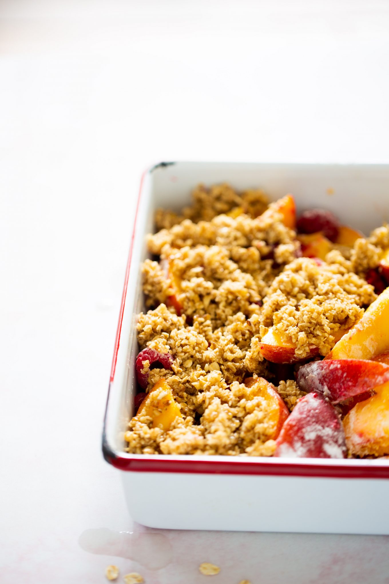 Peach and raspberry crumble.