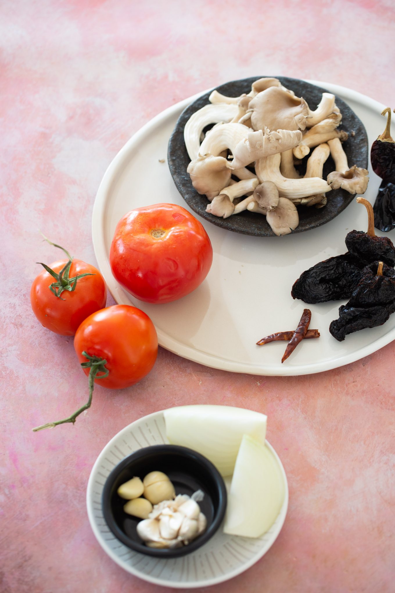 oyster mushrooms, dried chiles, onion and garlic for vegetarian birria tacos