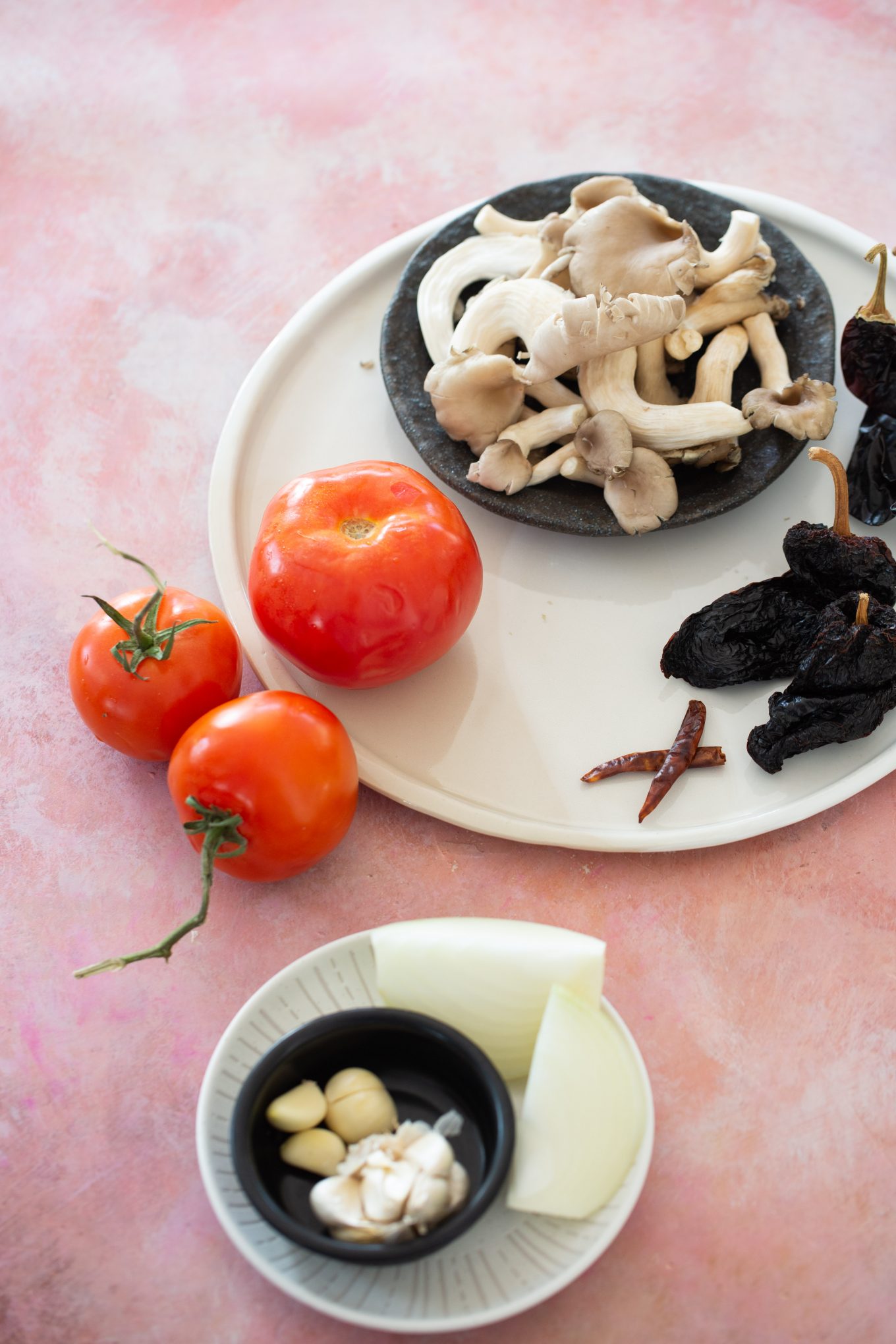 oyster mushrooms, dried chiles, onion and garlic for vegetarian birria tacos