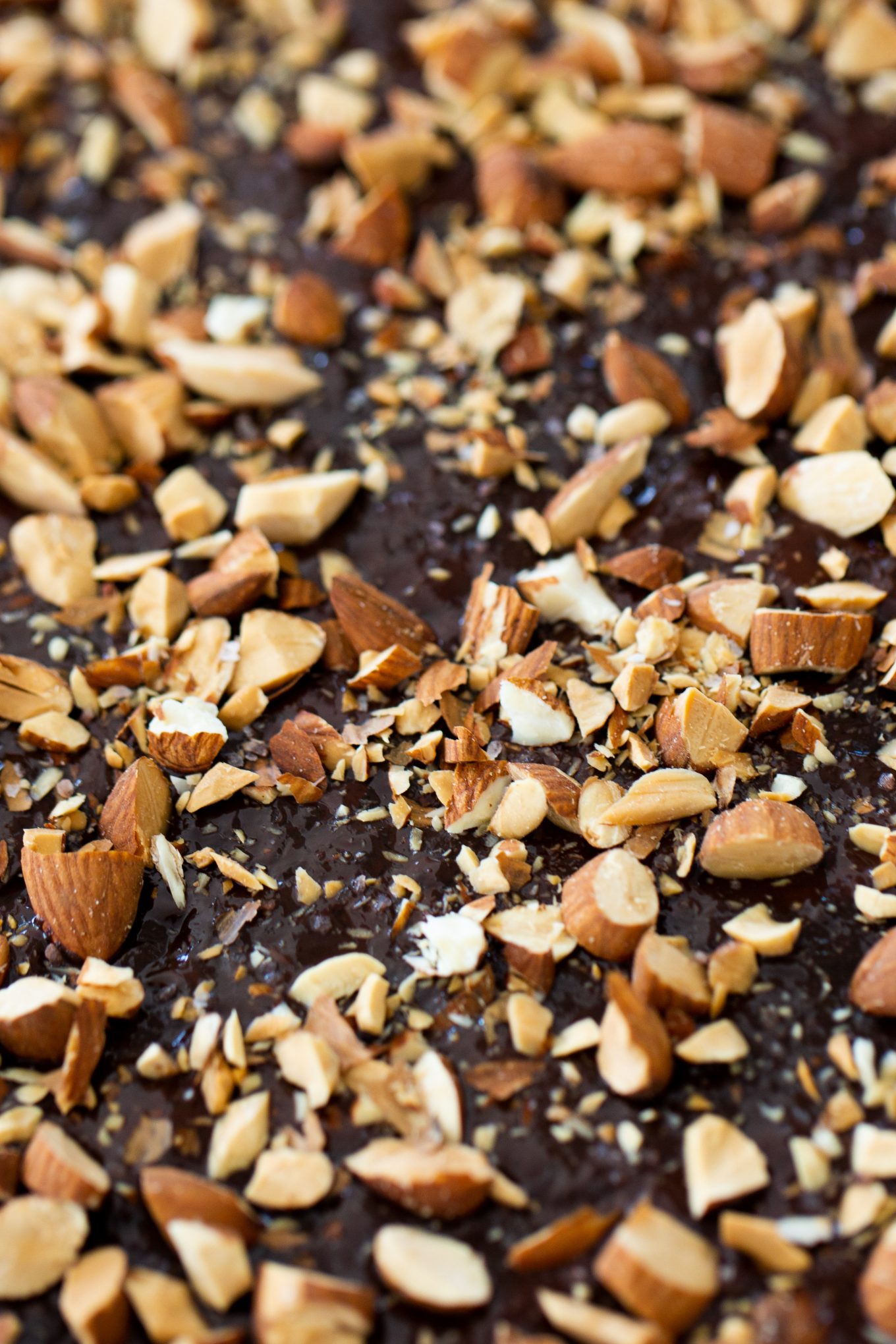 vegan toffee covered in dark chocolate and chopped almonds