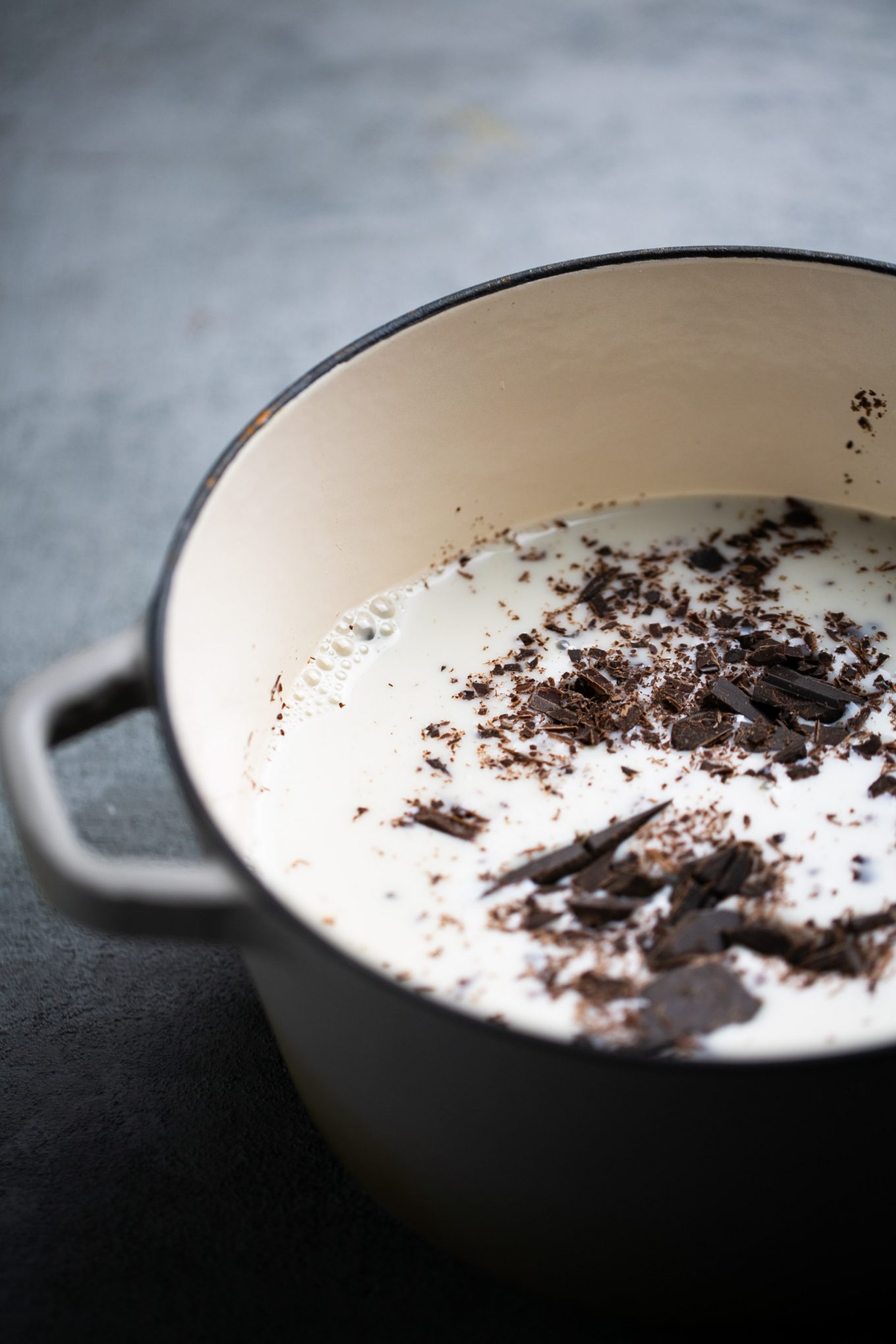 A pot with milk and chopped dark chocolate