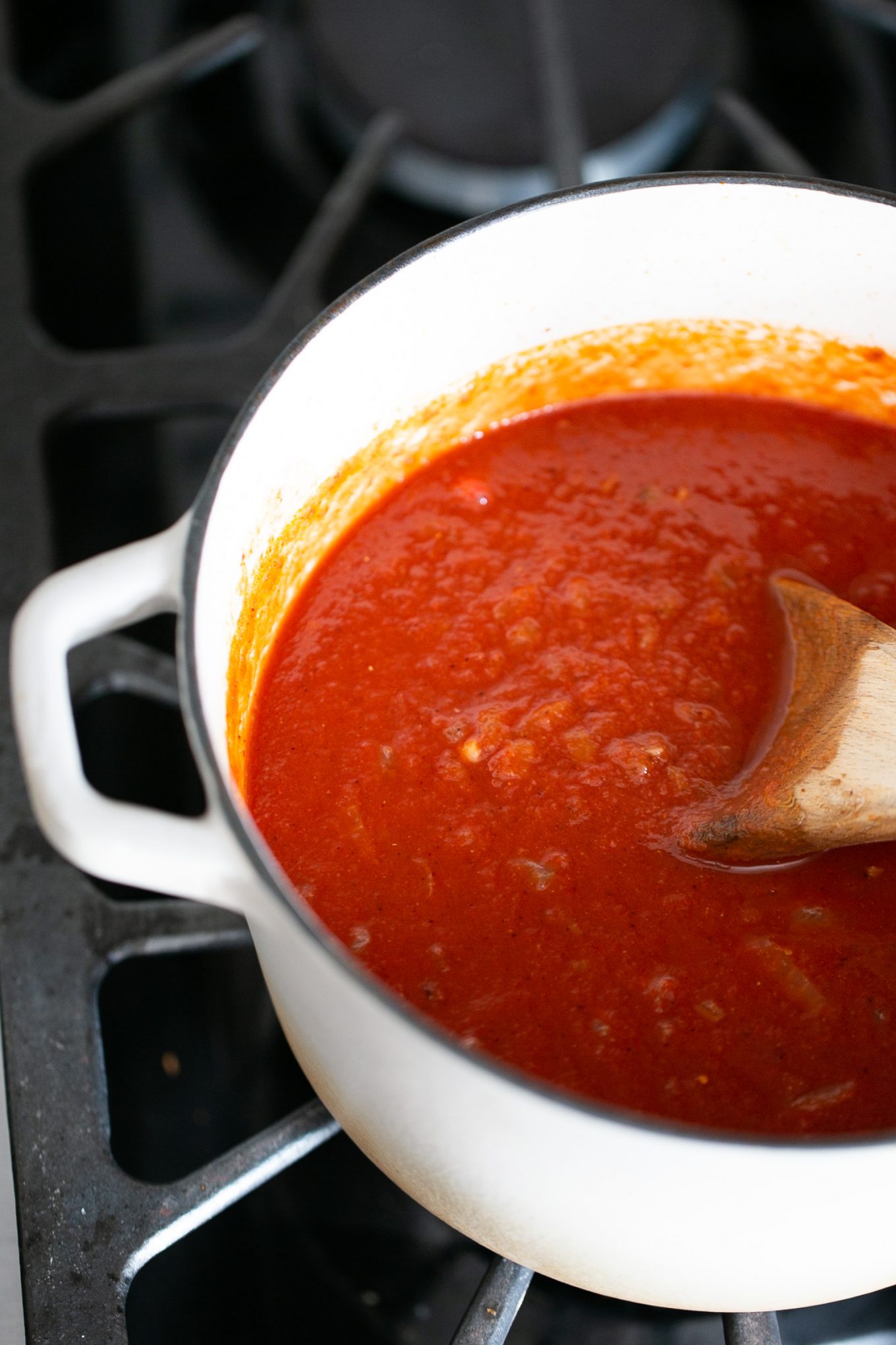 A homemade pot of enchilada sauce.